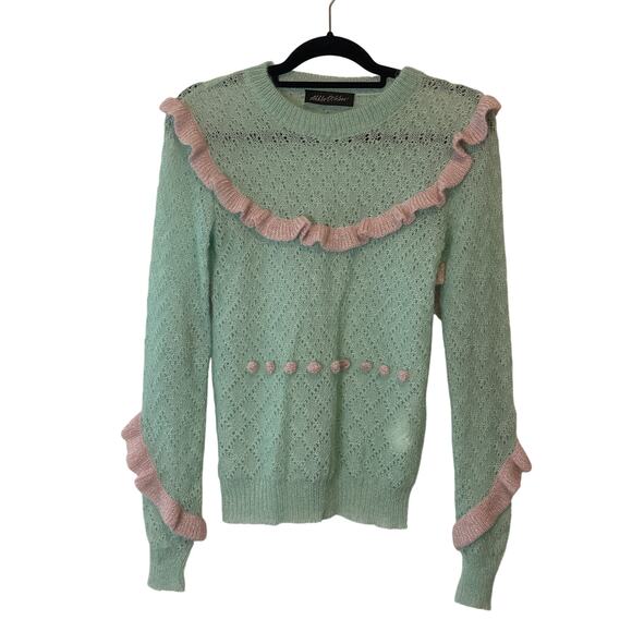 RARE Anna October Mint Green Pink Ruffle Wool Blend Sweater Size Small - Picture 2 of 11